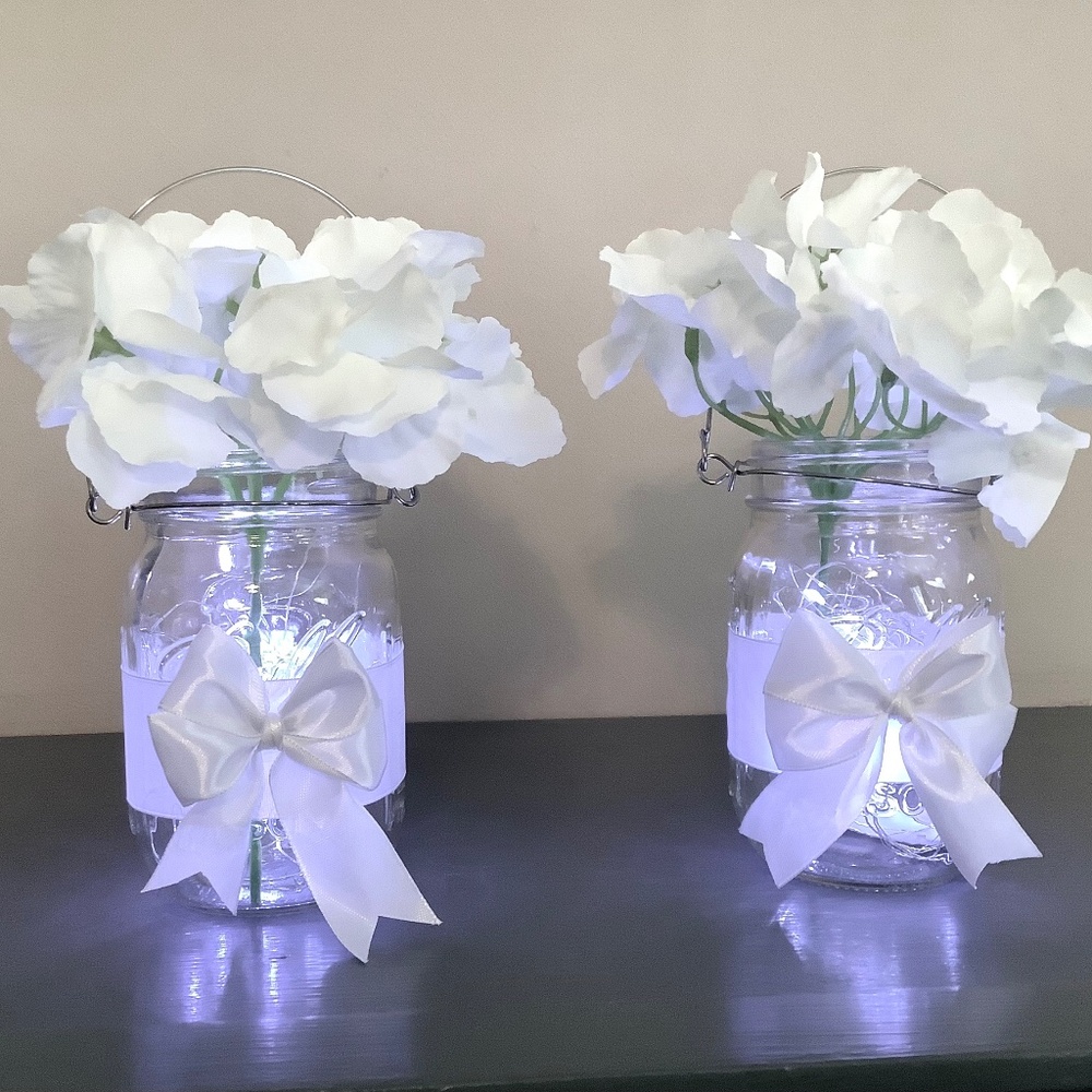 lighted hanging mason jar with hydrangea stem set of 2……you pick color of ribbon